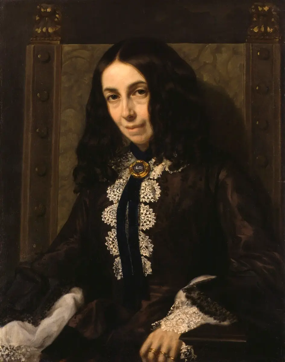 Portrait of Elizabeth Barrett Browning with dark ringlets, seated in a dark dress with a lace collar