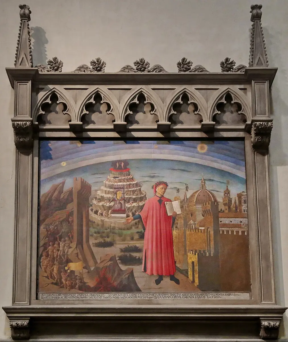 Painting of Dante in a red robe holding the Divine Comedy, with Hell, Purgatory and the walls and dome of Florence around him, in a carved frame