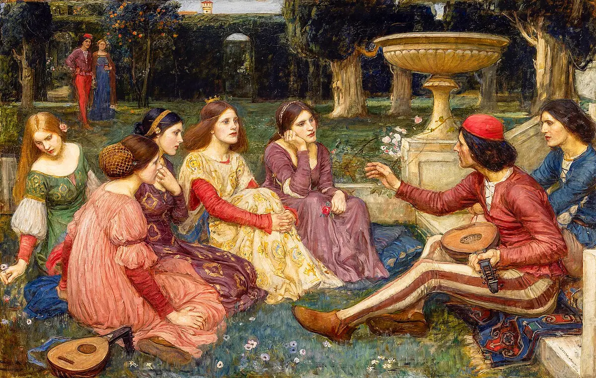 Painting of young women and men sitting on the grass of a garden, listening to a storyteller with a mandolin