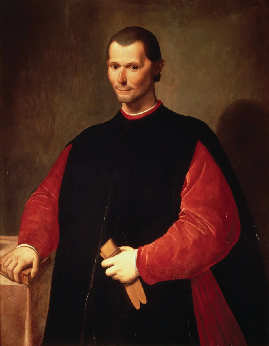 Portrait of Machiavelli in a black robe over red, a pair of gloves in his hand