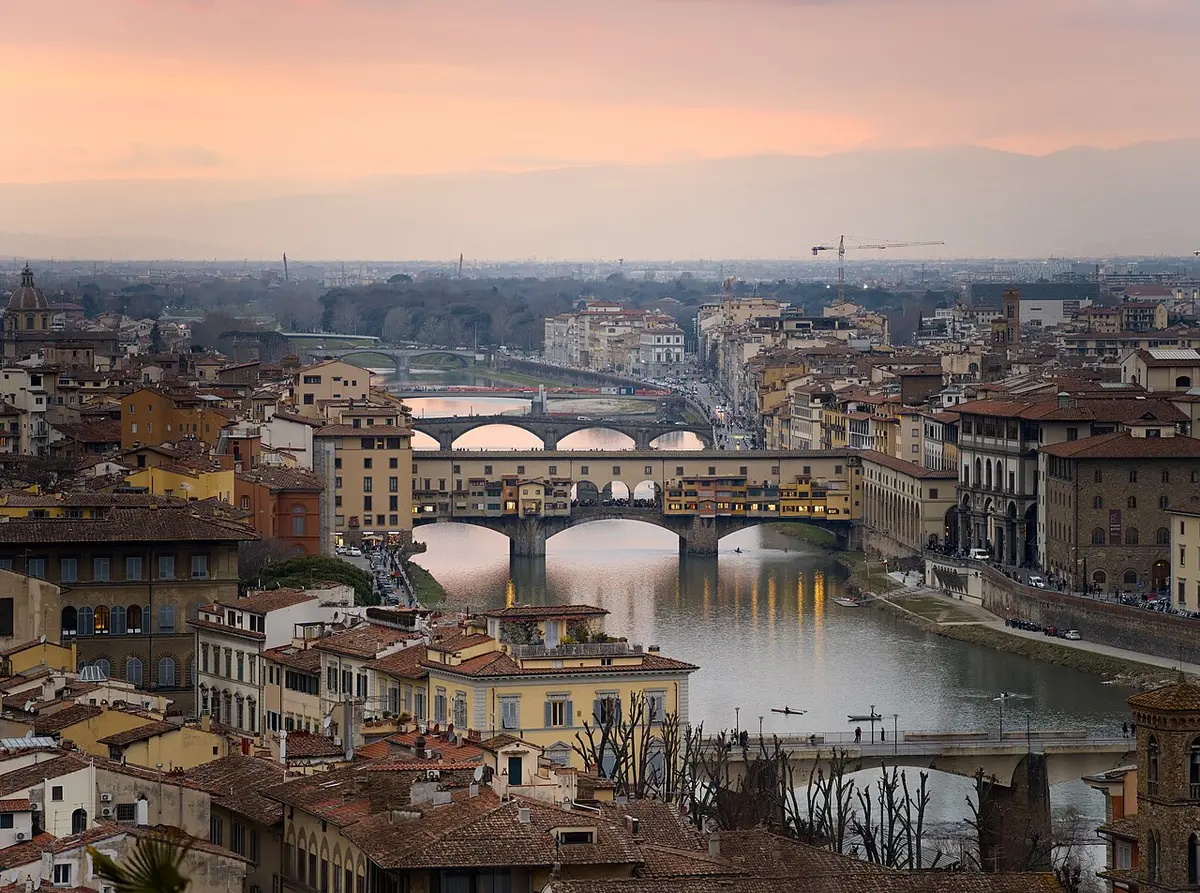The Ponte Vecchio and the Arno at sunset, seen from Piazzale Michelangelo in Florence