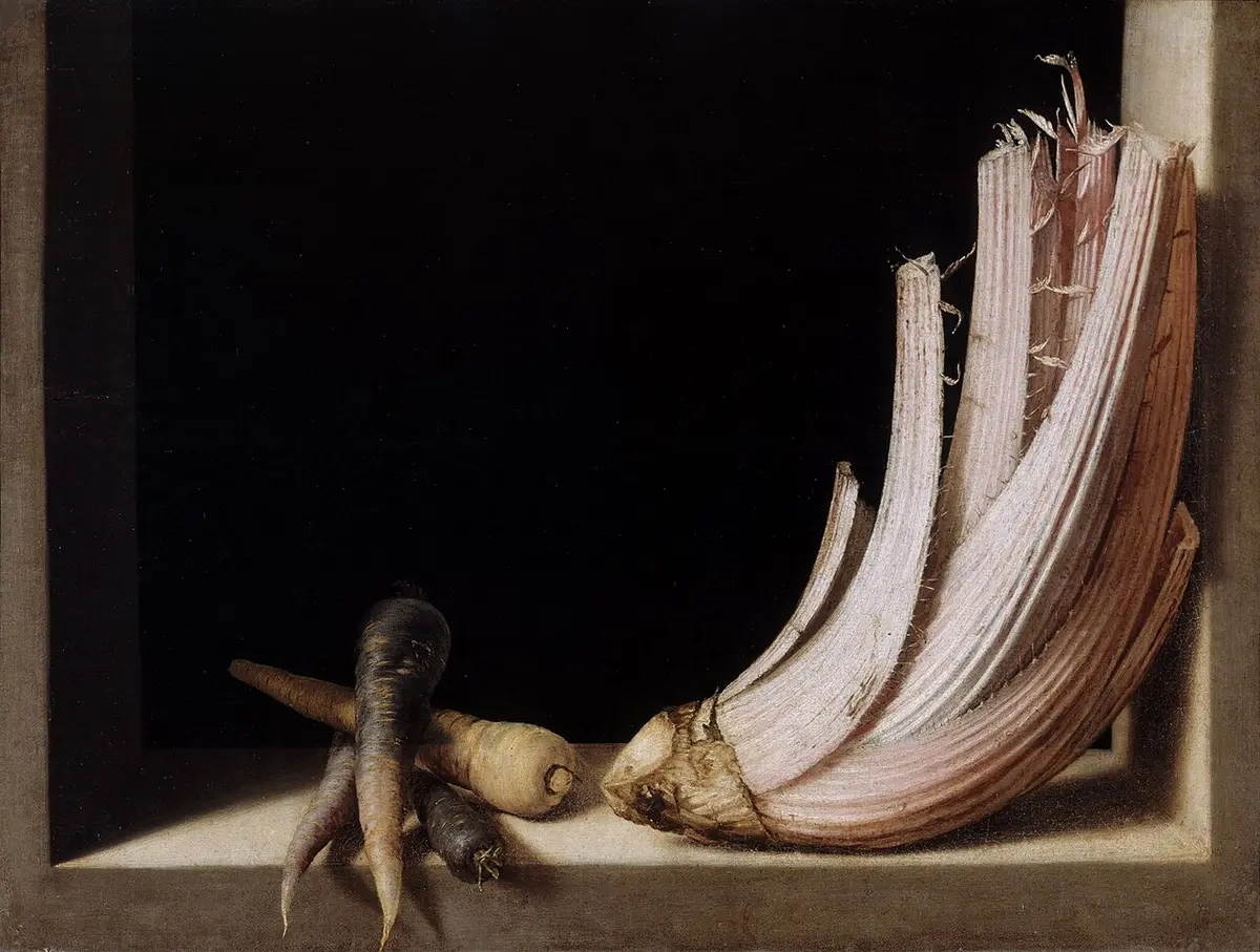 Painting of a cardoon and four carrots on a pale stone ledge against a black background