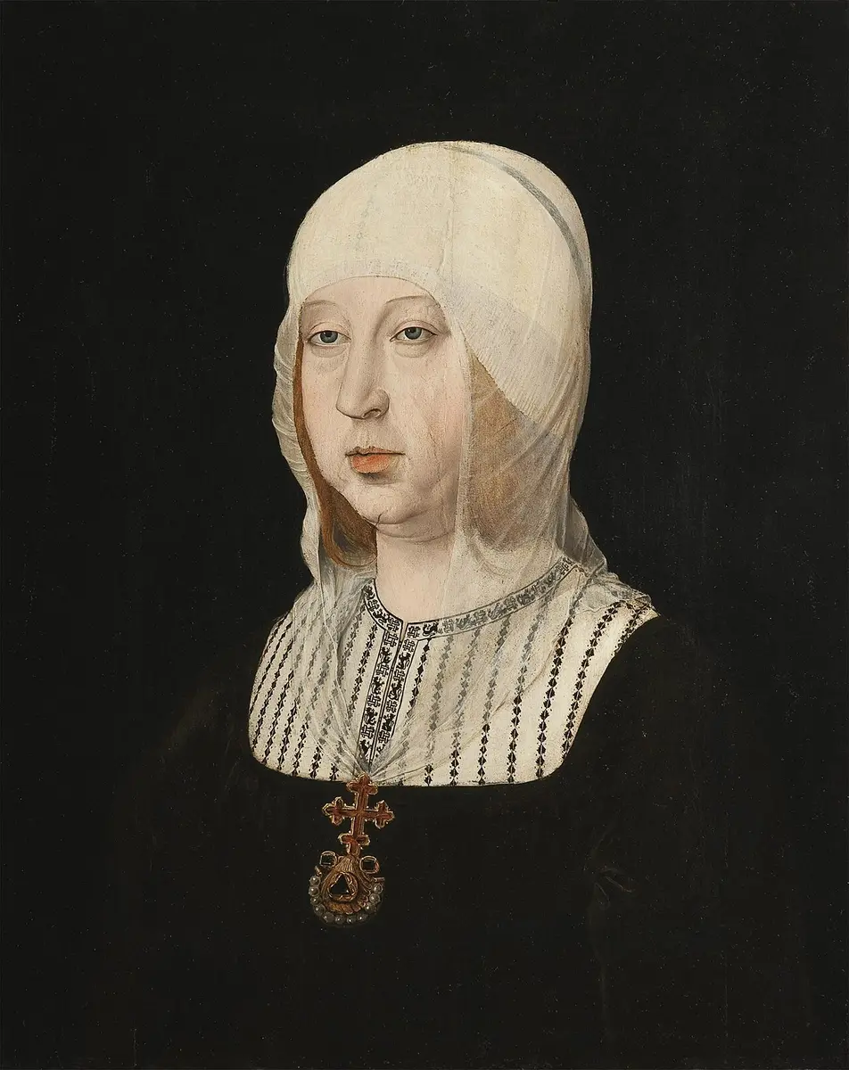 Portrait of Queen Isabella in a white veil and dark dress with a jeweled cross