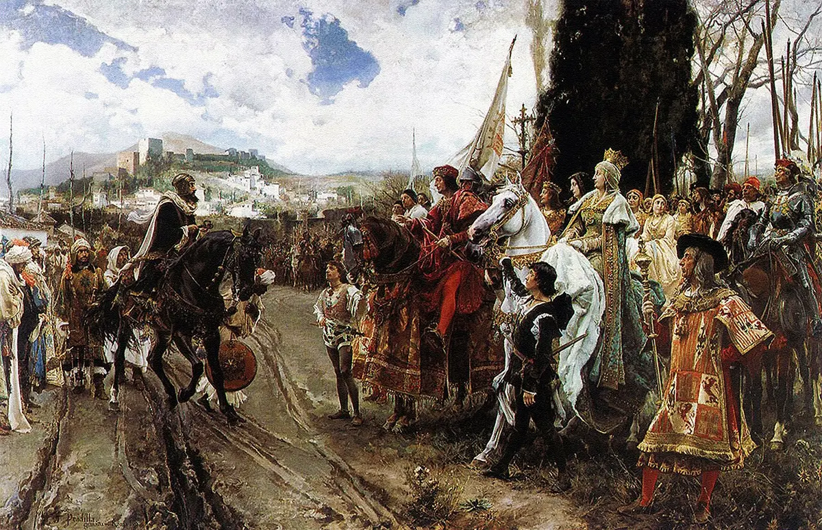 Pradilla painting of Boabdil on horseback offering the keys of Granada to Ferdinand and Isabella before their army