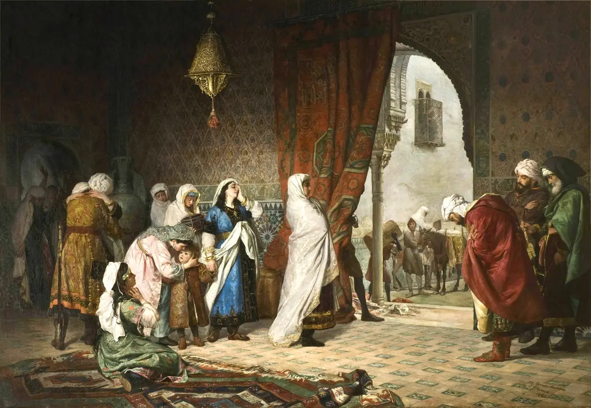 Painting of the women of Boabdil’s family weeping and embracing as they leave a tiled hall of the Alhambra