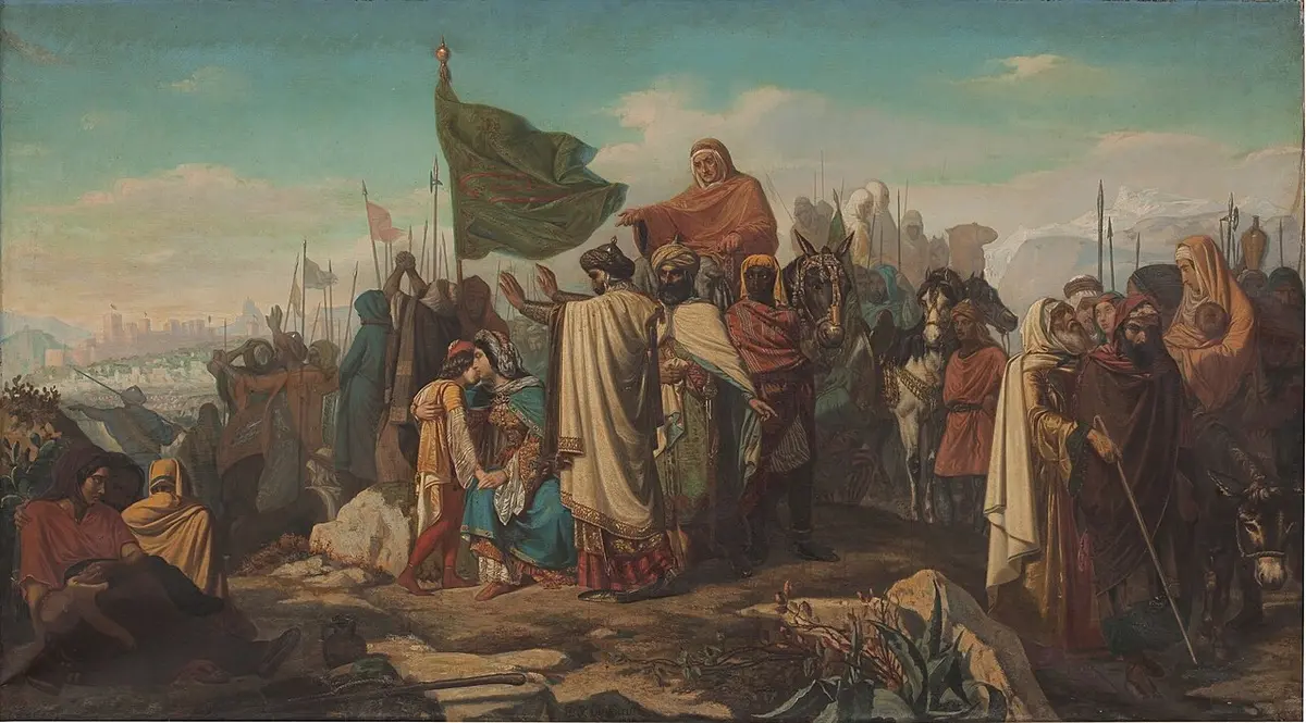 Painting of Boabdil’s household halted on a hillside, a woman on horseback pointing toward him, Granada small in the distance