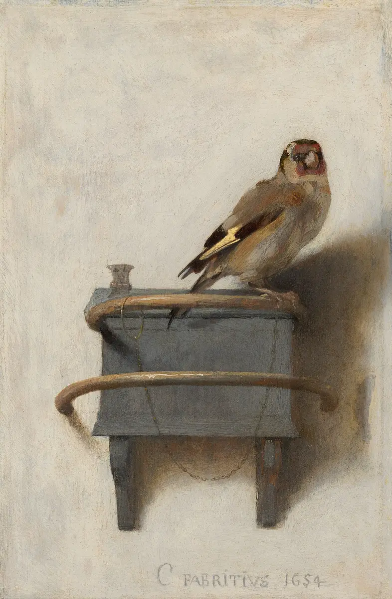 Fabritius painting of a small goldfinch chained to its perch against a pale wall