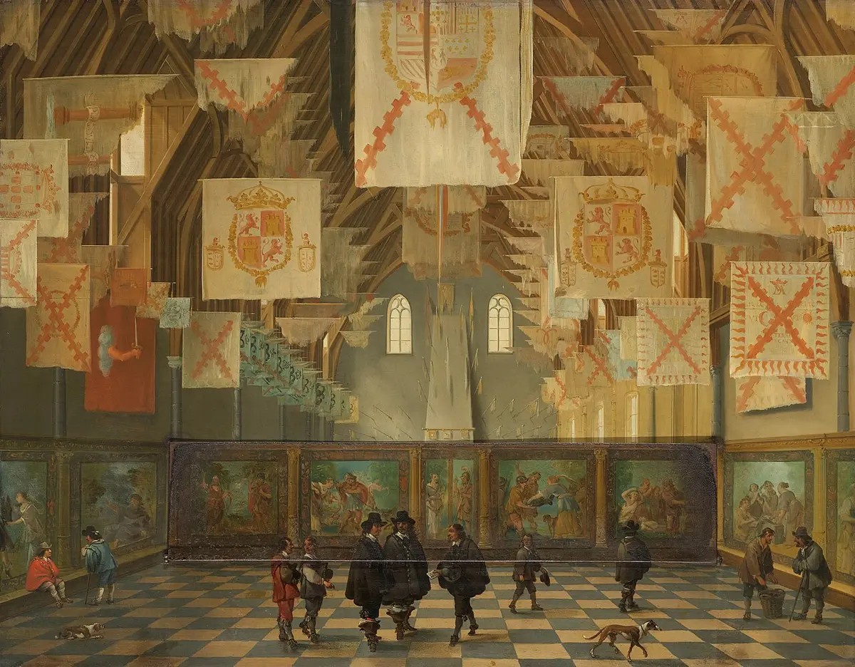 Painting of the great hall of the Binnenhof hung with captured banners, the States General seated in the middle