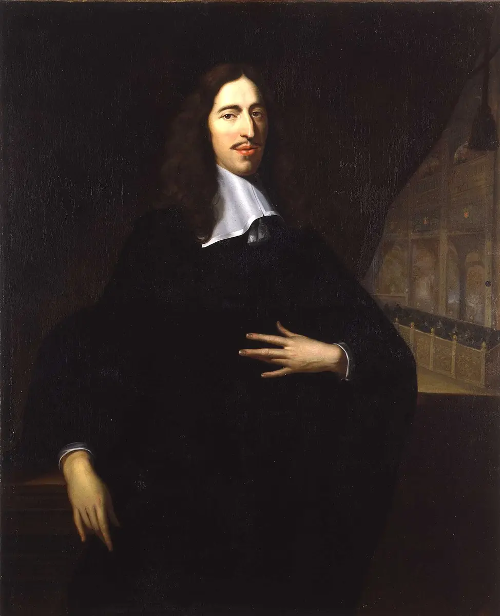 Portrait of Johan de Witt in black with a white collar, the assembly hall of the States behind him