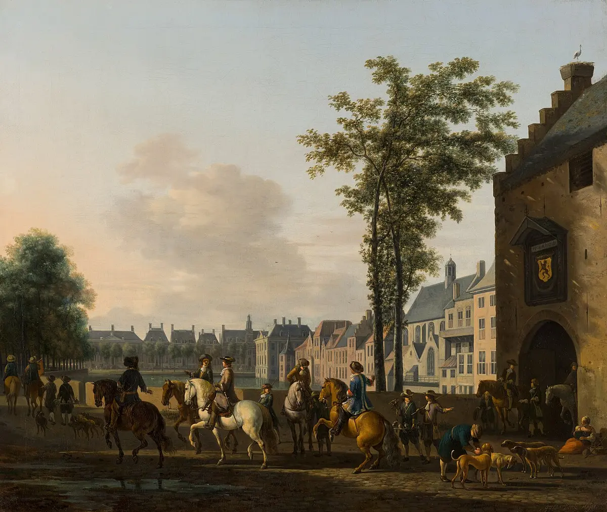 Painting of riders and hounds setting out beside the Gevangenpoort, with trees and houses along the Hofvijver