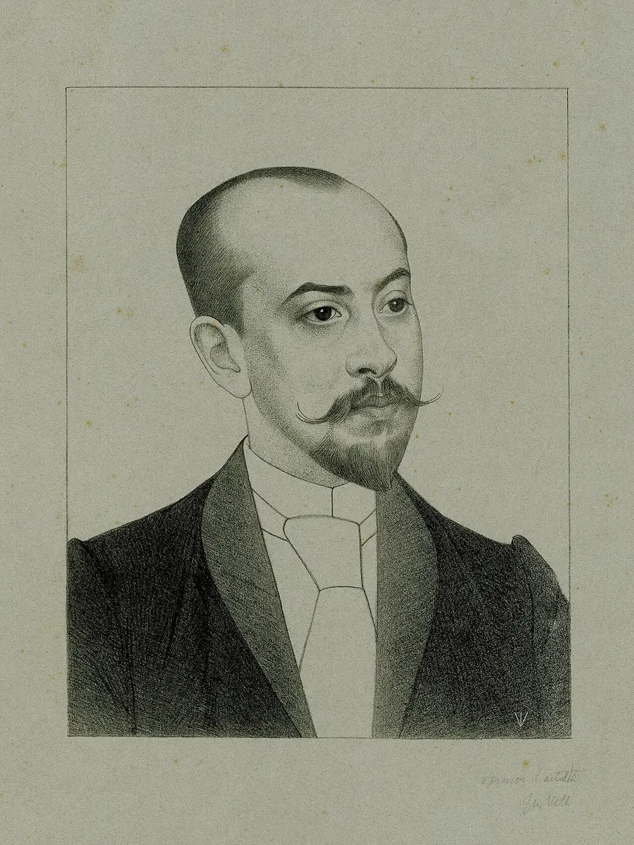 Lithograph portrait of Louis Couperus with a pointed beard and curled moustache