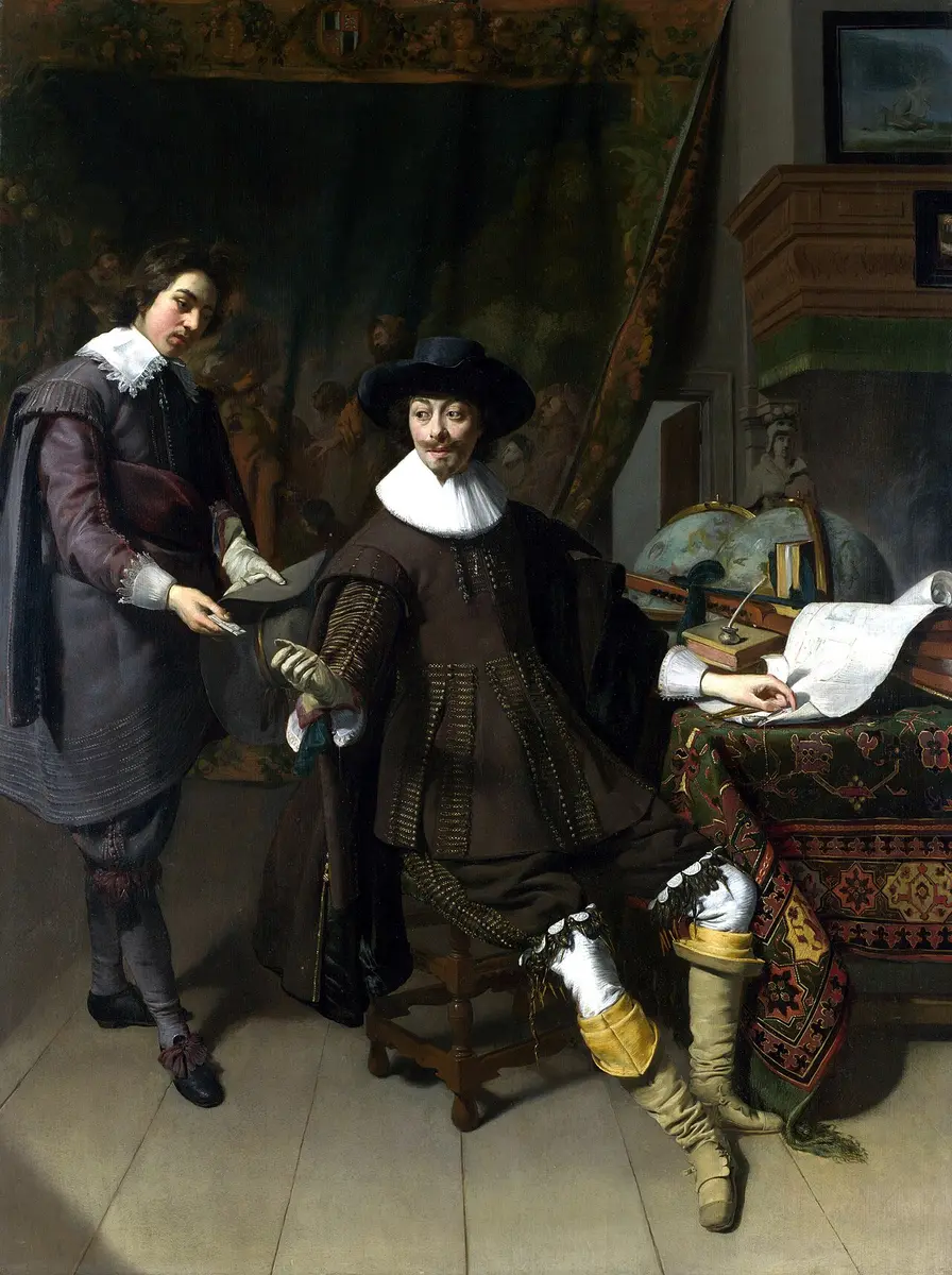 Painting of Constantijn Huygens seated at a table with a globe and papers as his clerk hands him a letter