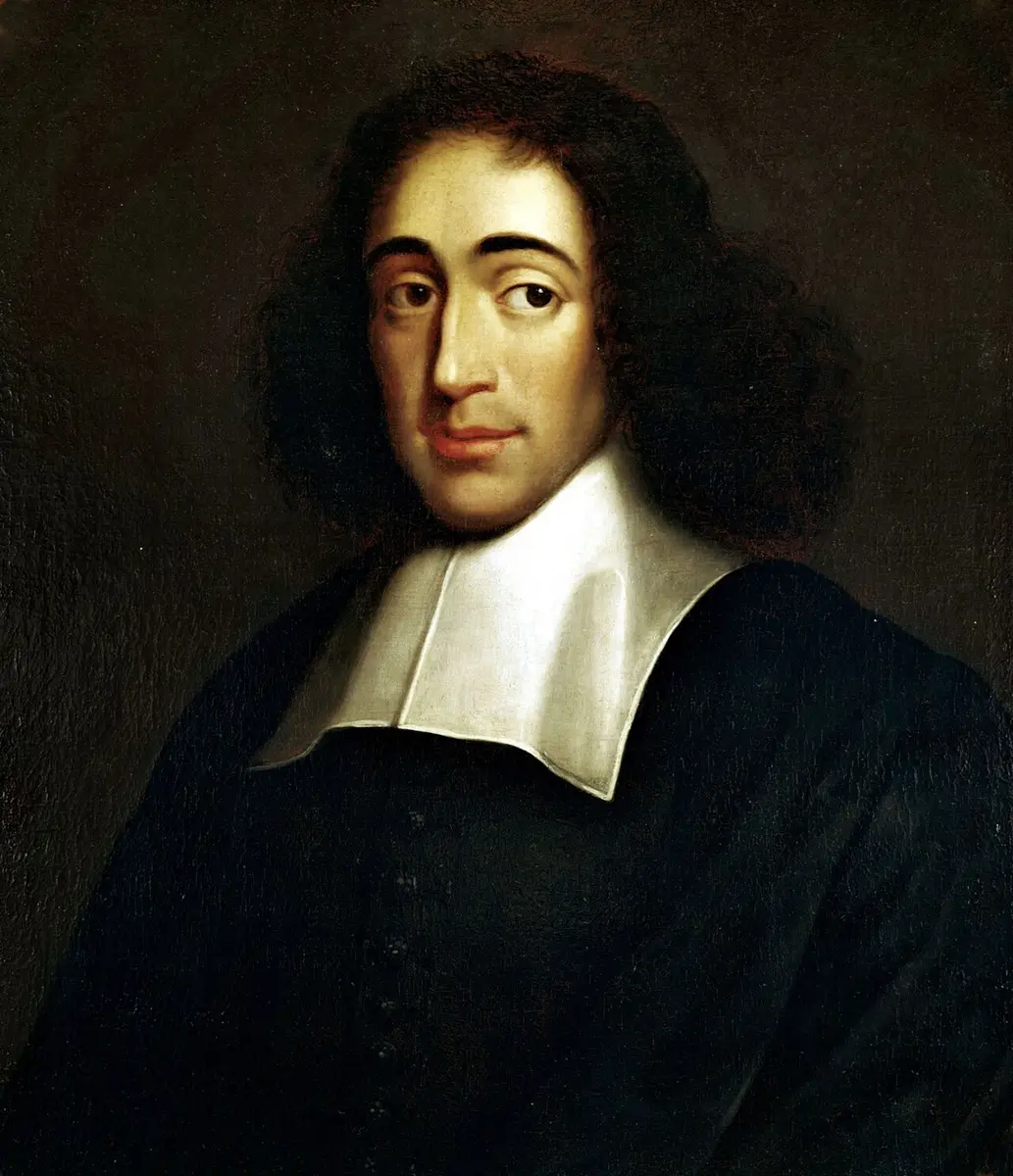 Portrait of Baruch Spinoza with long dark hair and a white collar