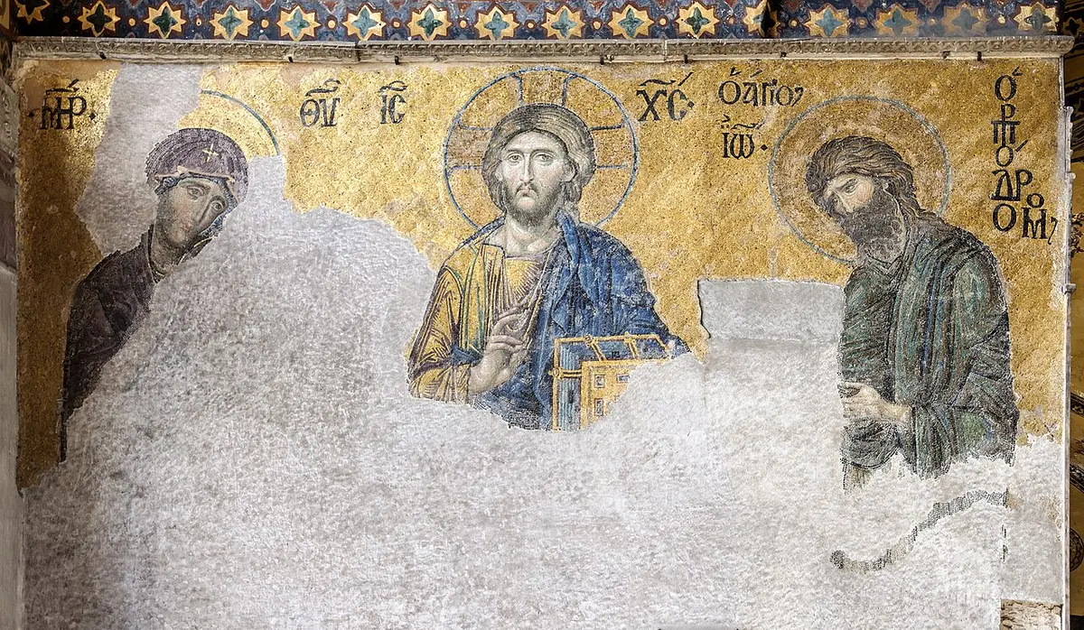 Mosaic of Christ between the Virgin Mary and John the Baptist on a gold ground, its lower half lost