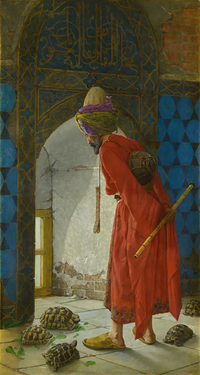 Painting of an old man in a red robe and turban, a small drum on his back, watching tortoises on a tiled floor