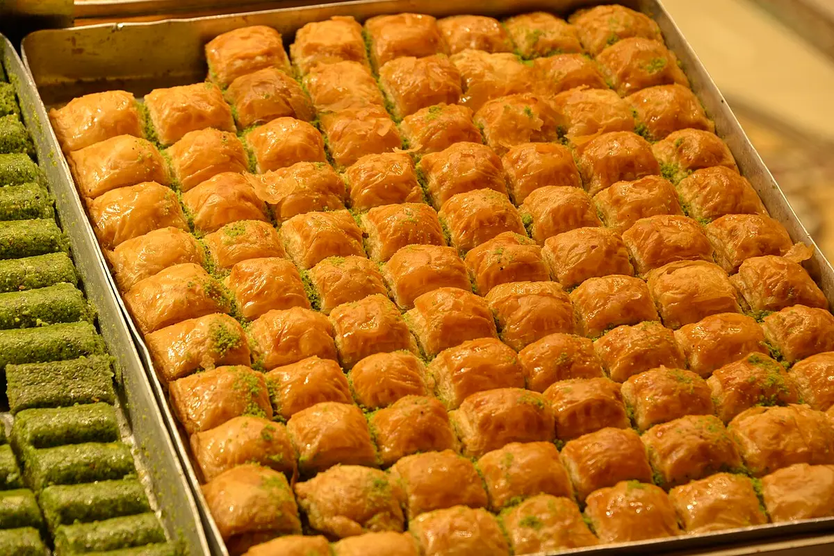 A tray of golden baklava squares in the Spice Bazaar