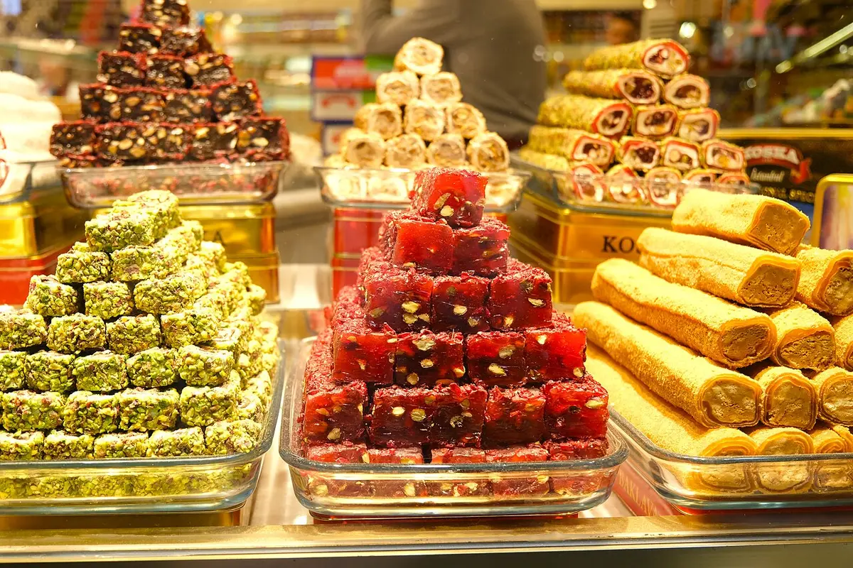 Stacks of lokum, Turkish delight, in many colors in a shop on İstiklal Avenue