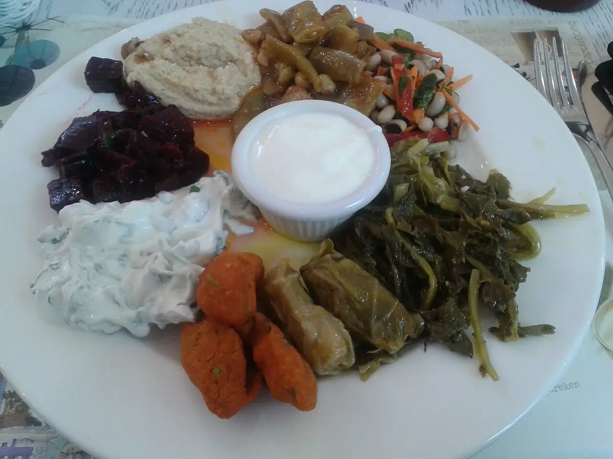 A plate of cold meze: stuffed vine leaves, lentil patties, beans in olive oil, beets and yogurt