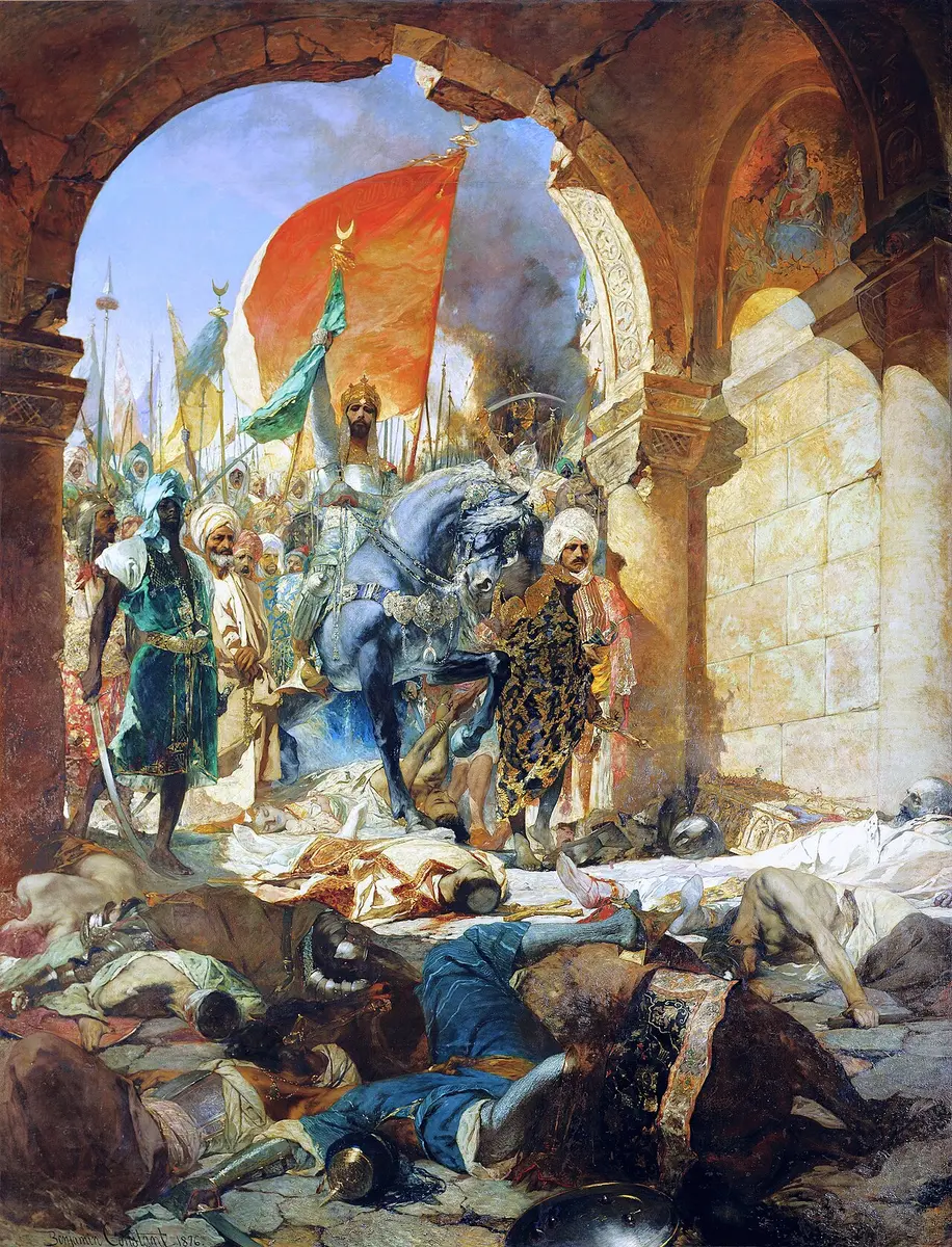 Painting of Mehmed II riding into Constantinople with his army under banners, the dead lying at his feet