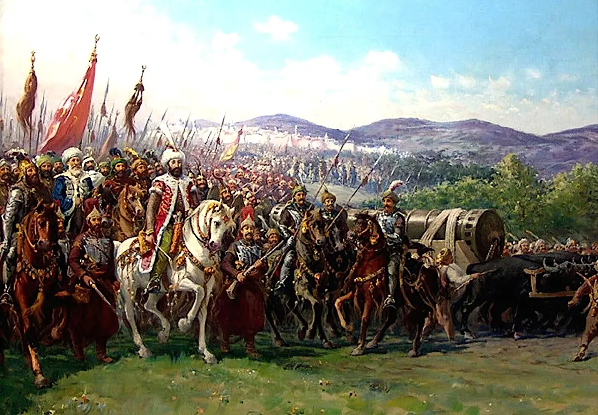 Painting of Sultan Mehmed II on a white horse riding with his army, a huge cannon pulled by oxen beside him