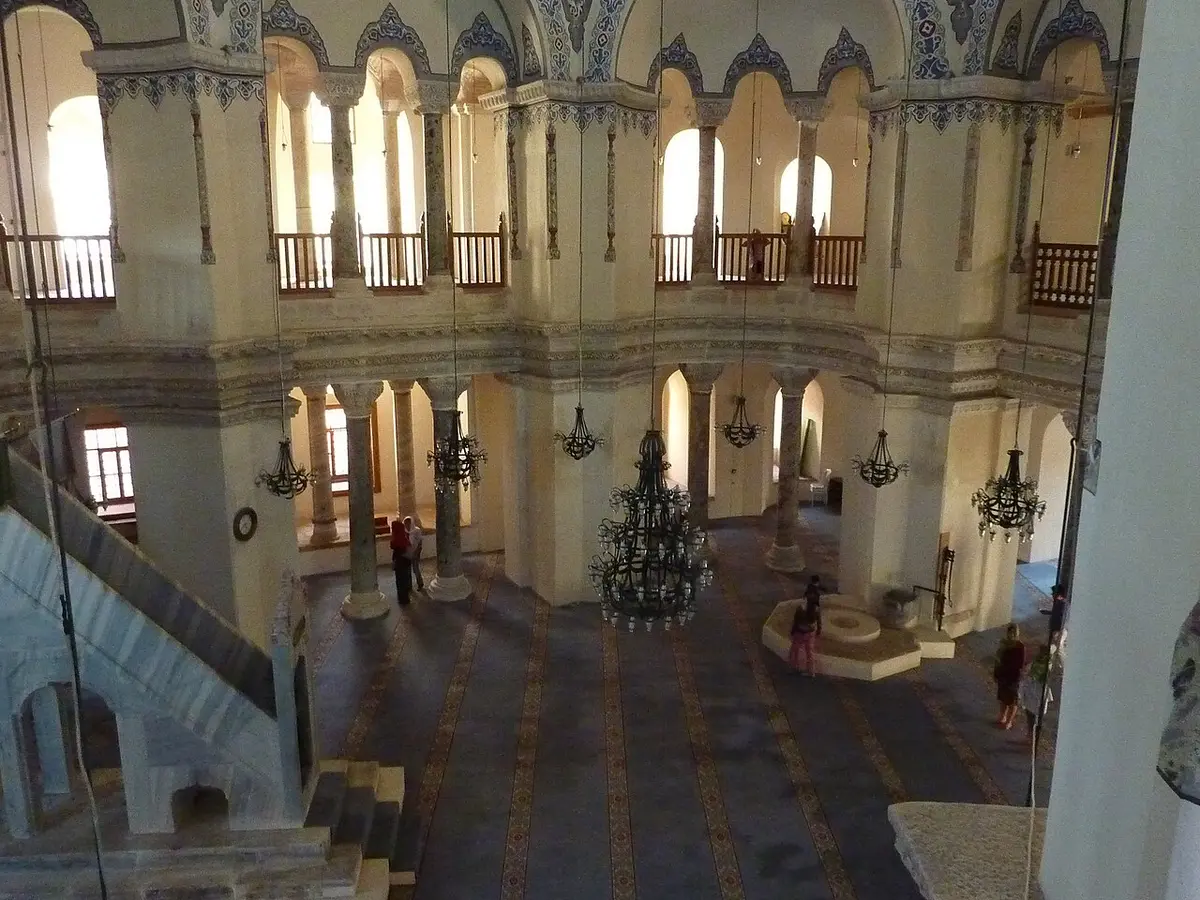 Inside the Little Hagia Sophia, looking down from the gallery onto the octagonal prayer hall and its columns
