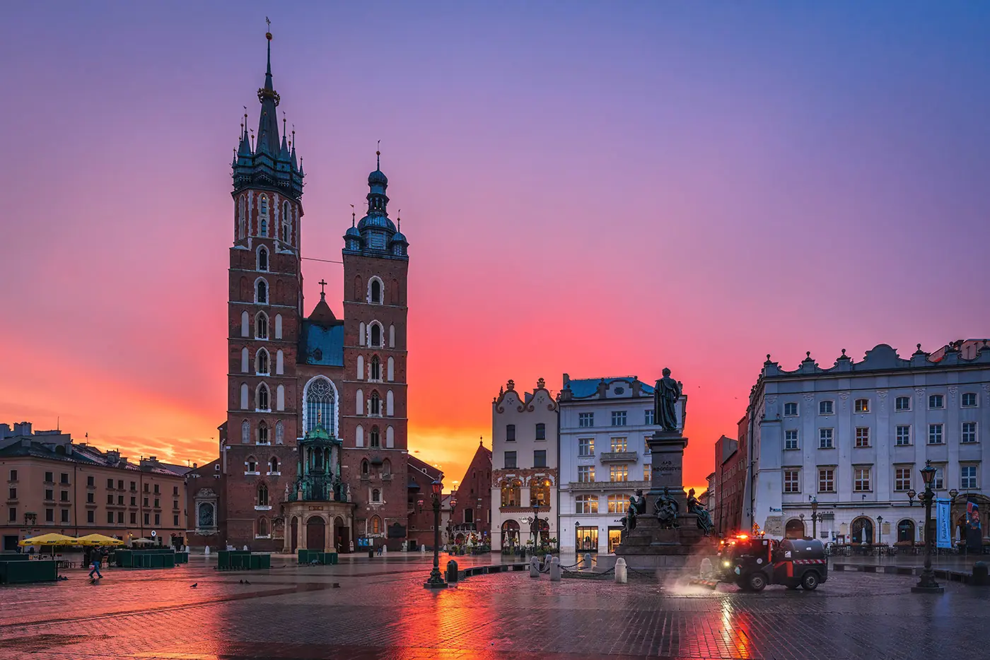 St. Mary's Basilica on the main market square in Kraków at sunset
