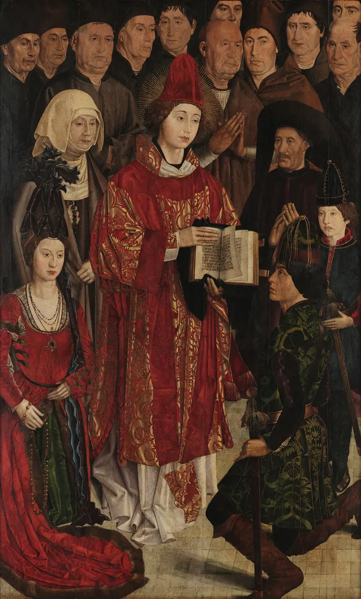 Nobles and a kneeling king around Saint Vincent in red robes, in a 15th-century panel painting