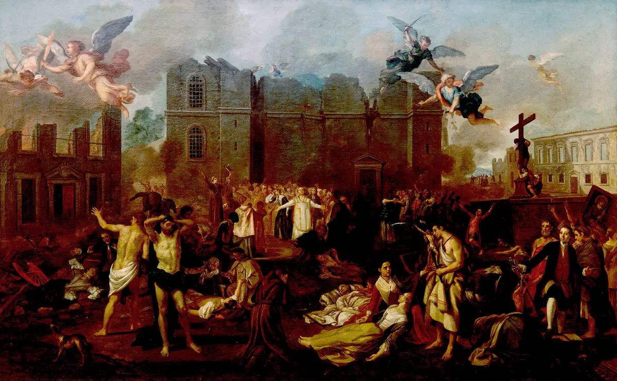 Painting of Lisbon’s ruined churches after the earthquake, survivors in the foreground and angels in the sky