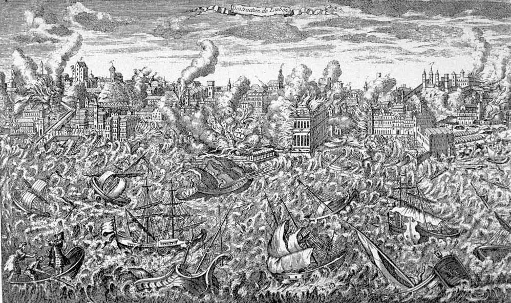 Engraving of Lisbon in flames as the tsunami strikes the waterfront and ships founder