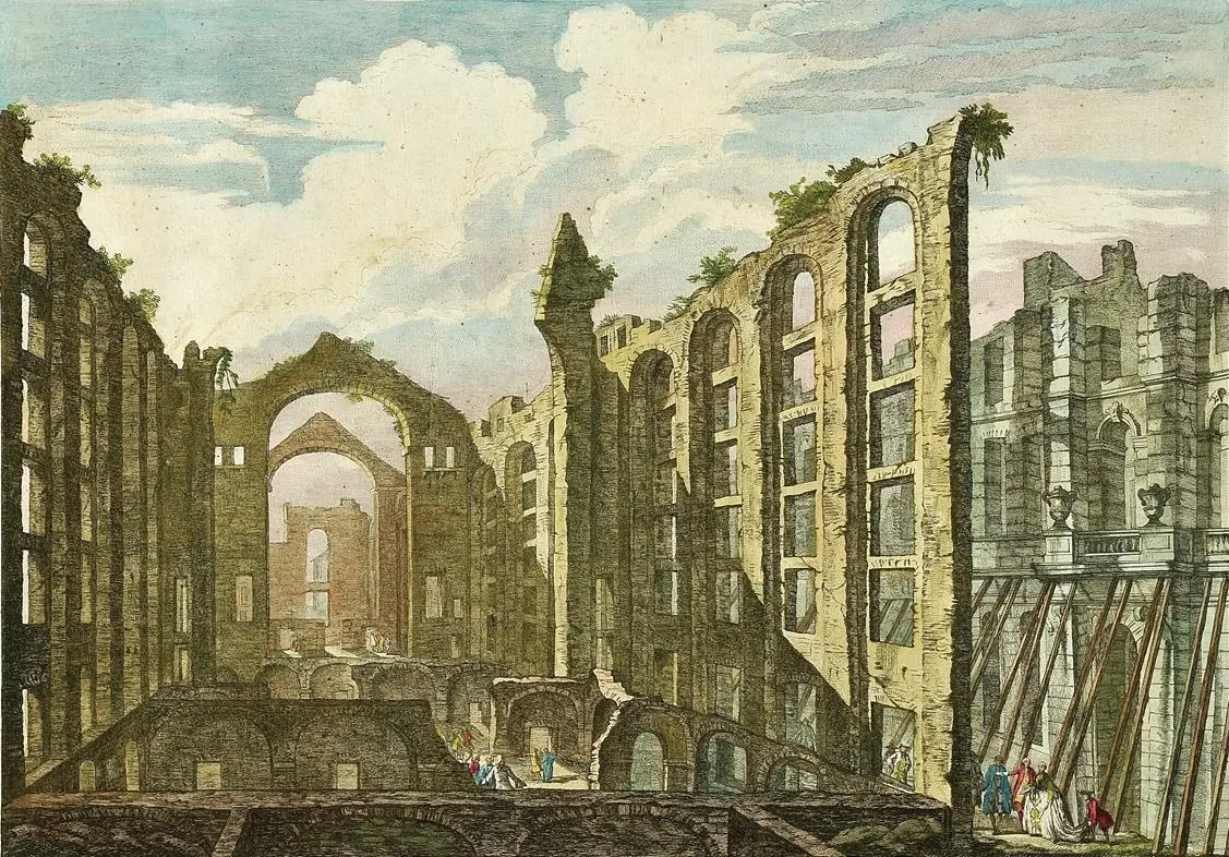 Hand-colored engraving of the roofless ruins of Lisbon’s opera house