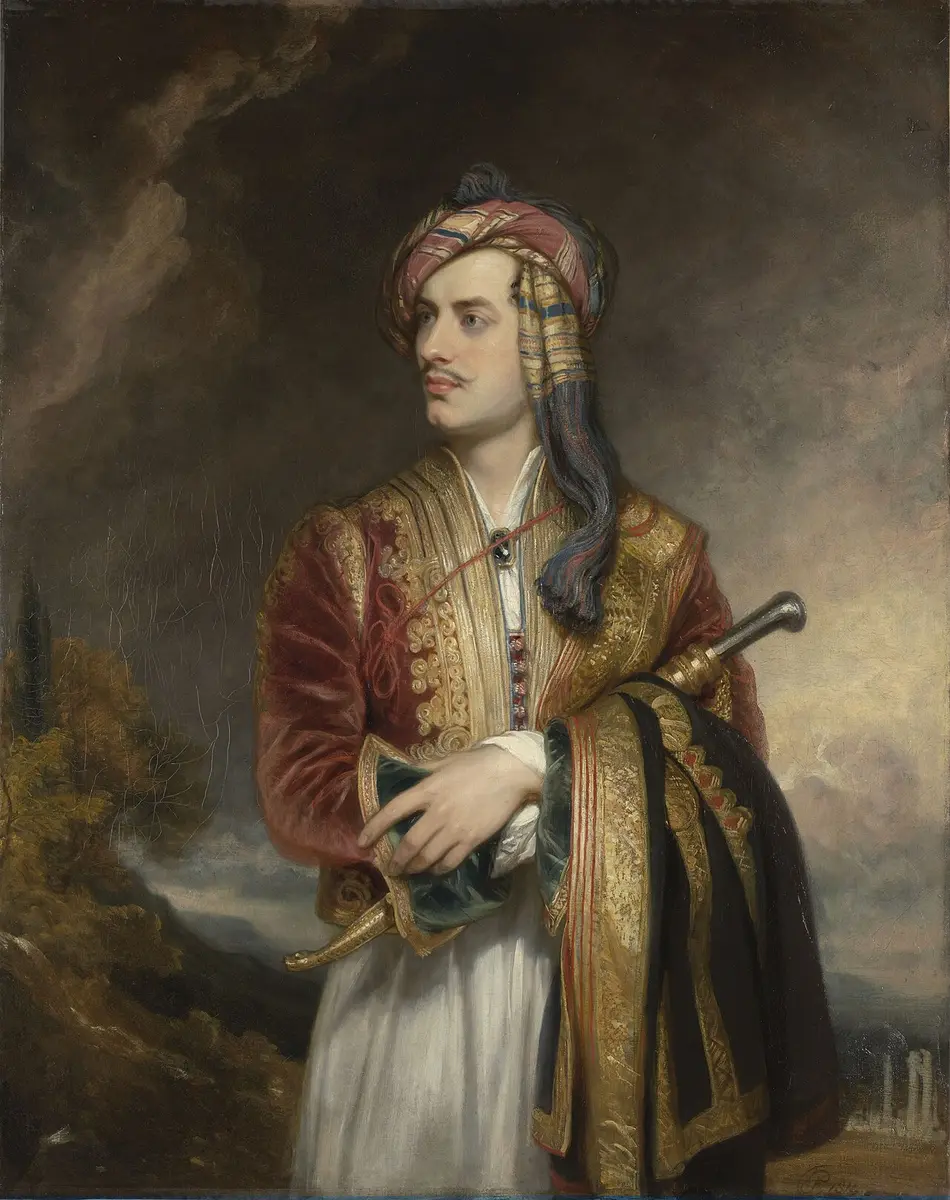 Portrait of Lord Byron in an embroidered Albanian costume and turban