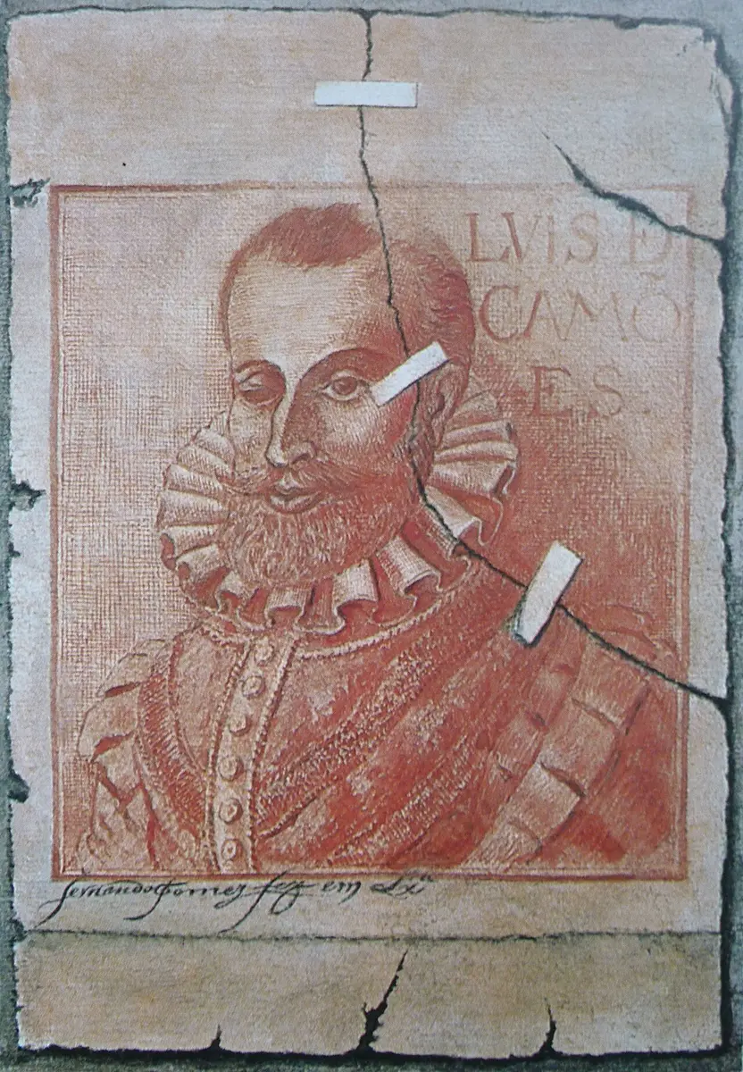 Red chalk portrait of Luís de Camões in a ruff collar