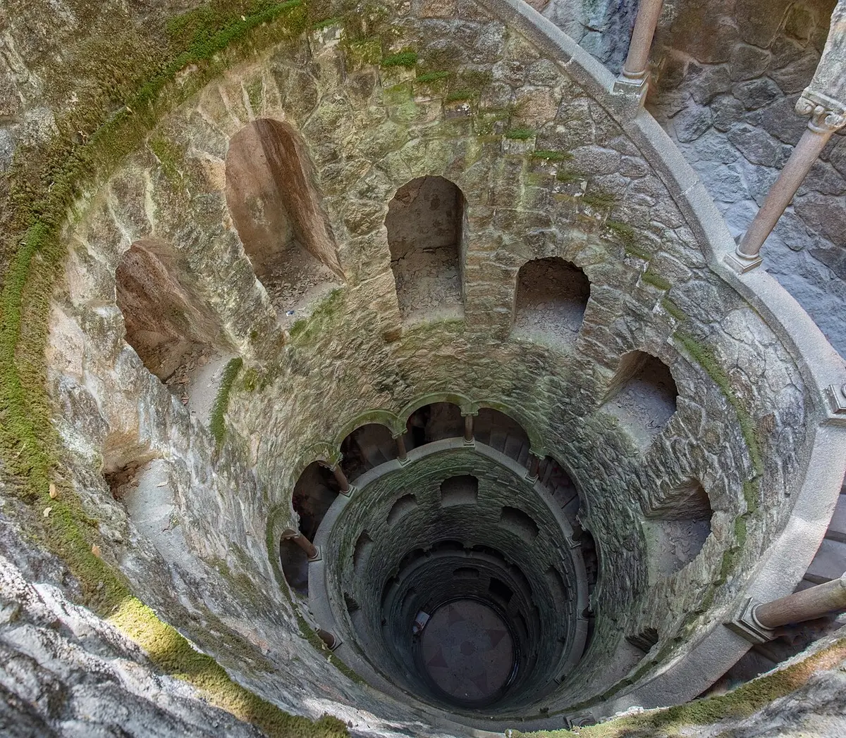 Looking down the spiral stairs of the Initiation Well at Quinta da Regaleira