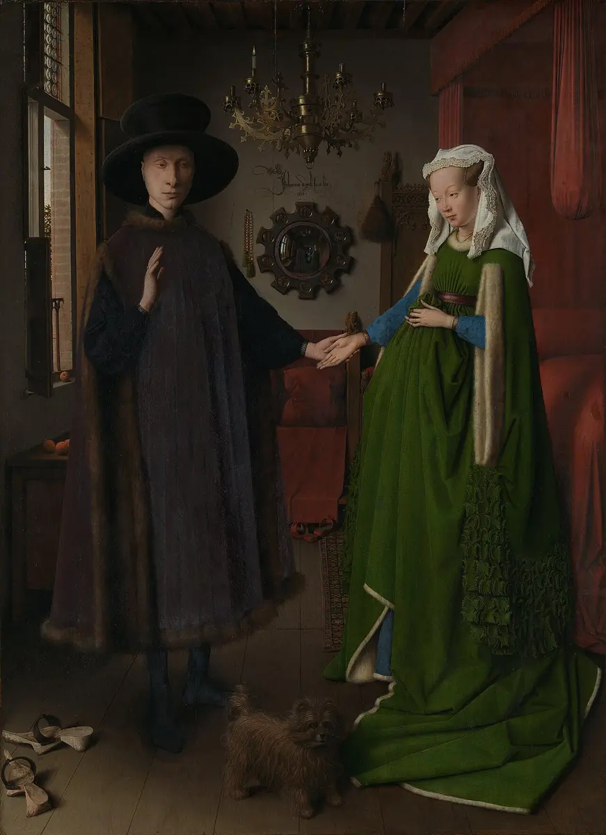 Van Eyck painting of a man in a dark fur-trimmed robe holding the hand of a woman in a green dress, a round mirror behind them