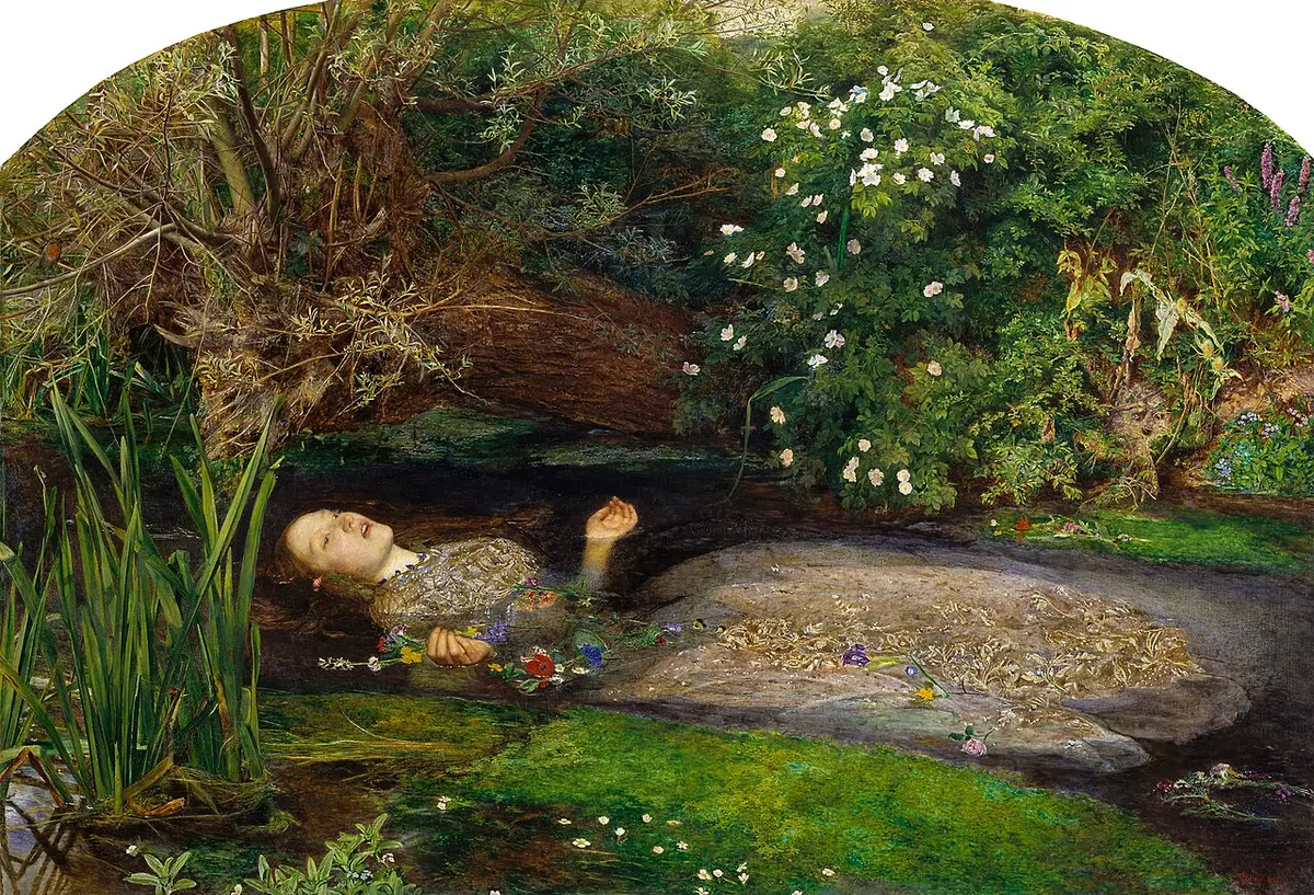 Millais painting of Ophelia floating on her back in a stream among flowers and reeds