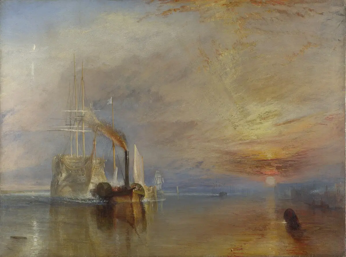 Turner painting of a pale old warship towed by a dark steam tug toward a blazing sunset