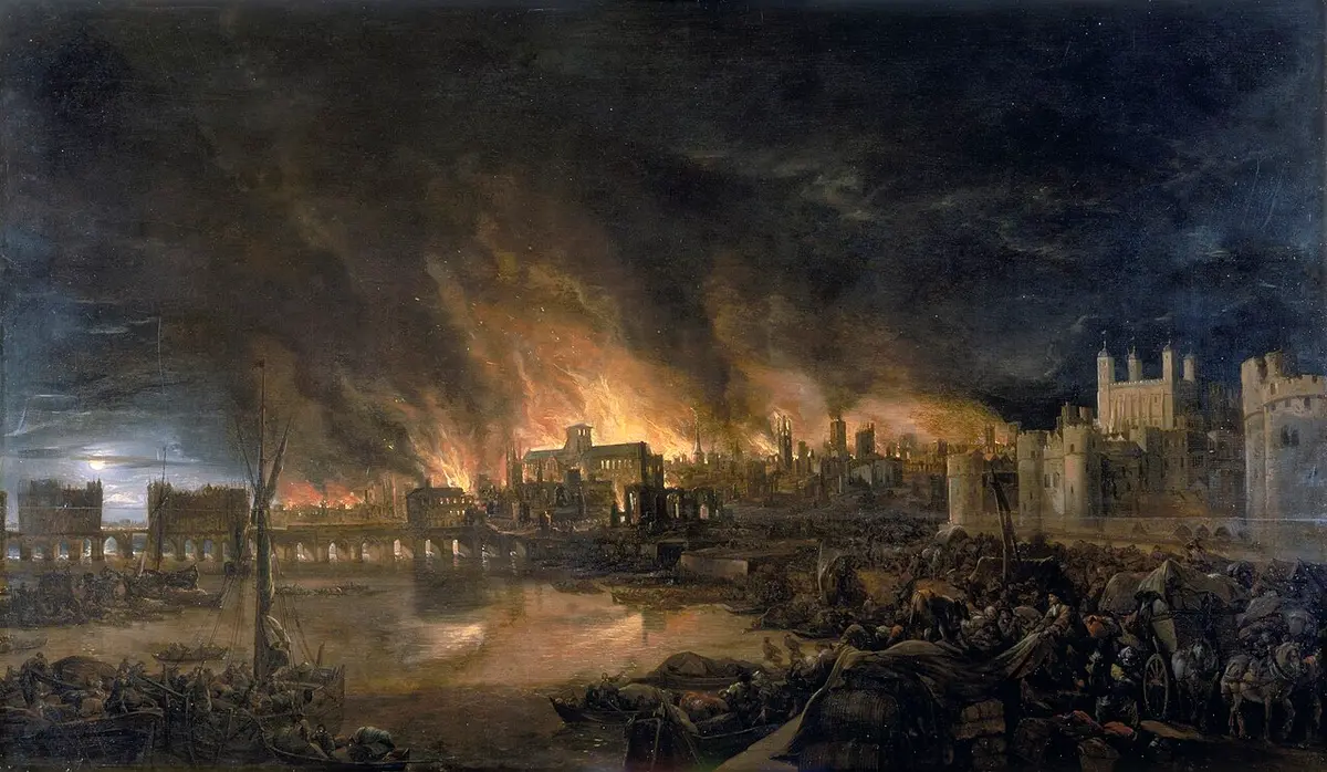 Painting of London burning at night seen from the river, Old London Bridge on the left and the Tower on the right, refugees with carts in front