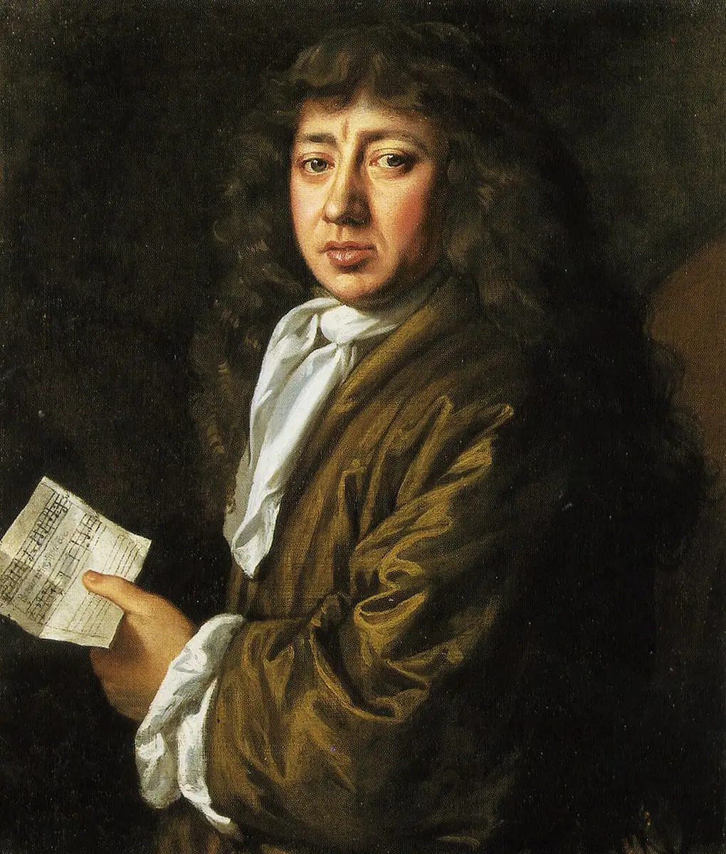 Portrait of Samuel Pepys in a brown gown, holding a sheet of music