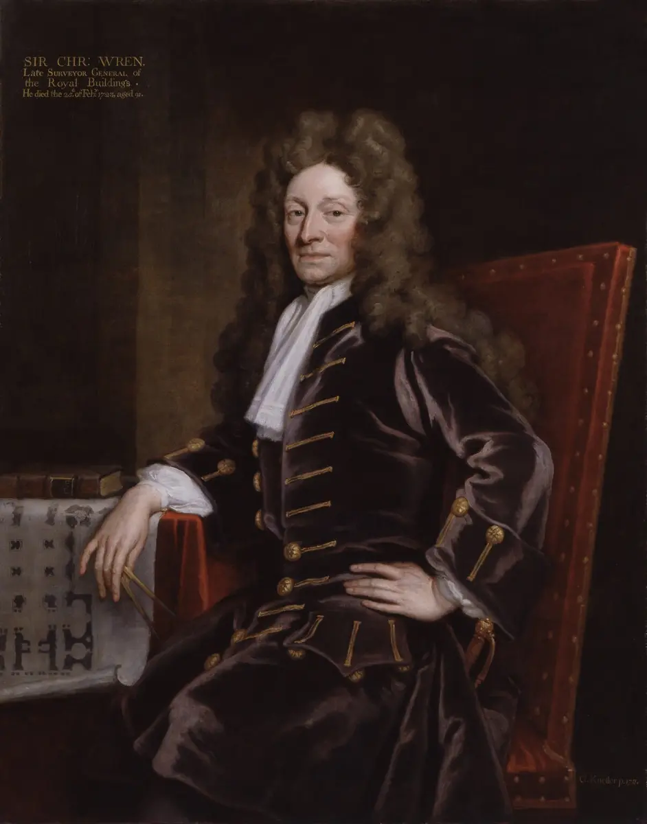Portrait of Christopher Wren seated in a velvet coat, his hand on a building plan