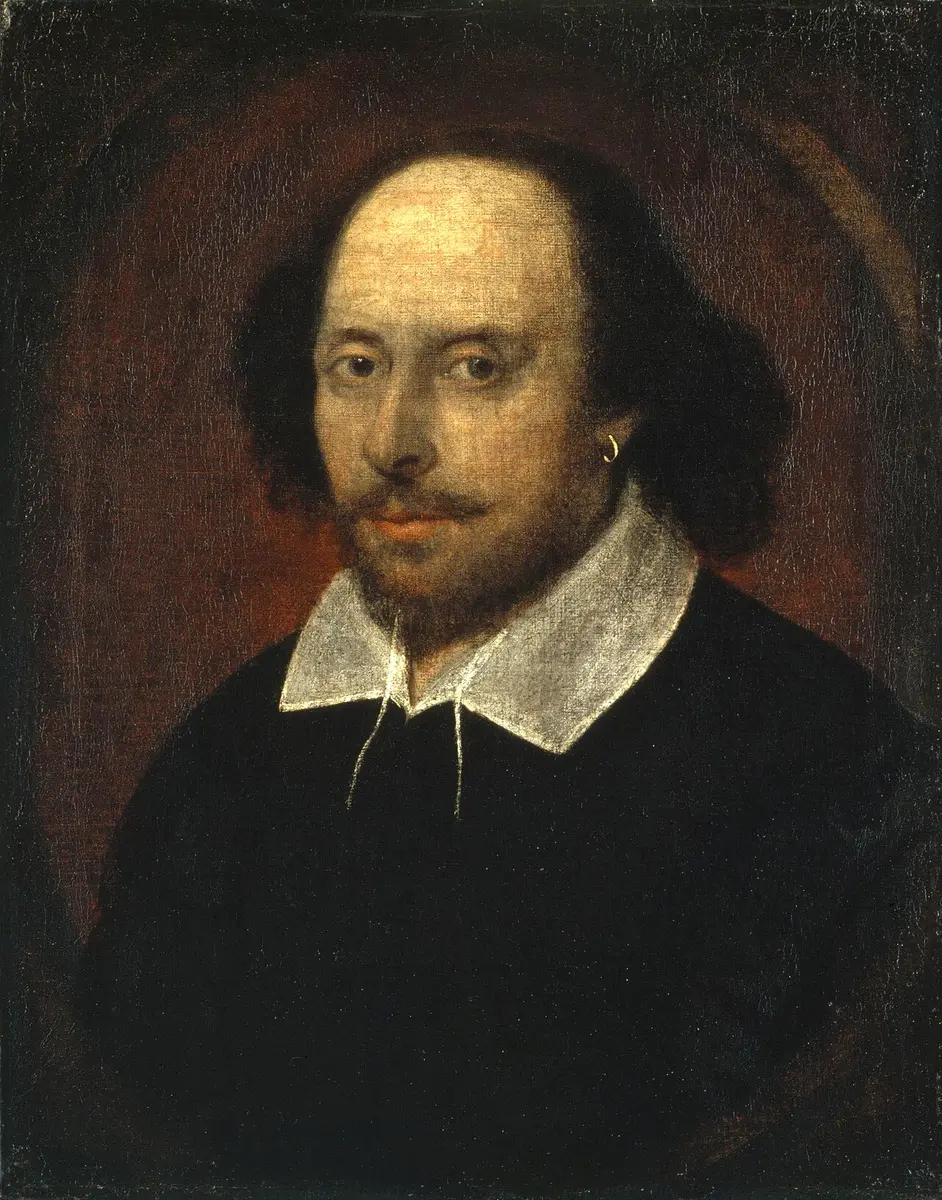 Portrait of William Shakespeare with a white collar and a gold earring