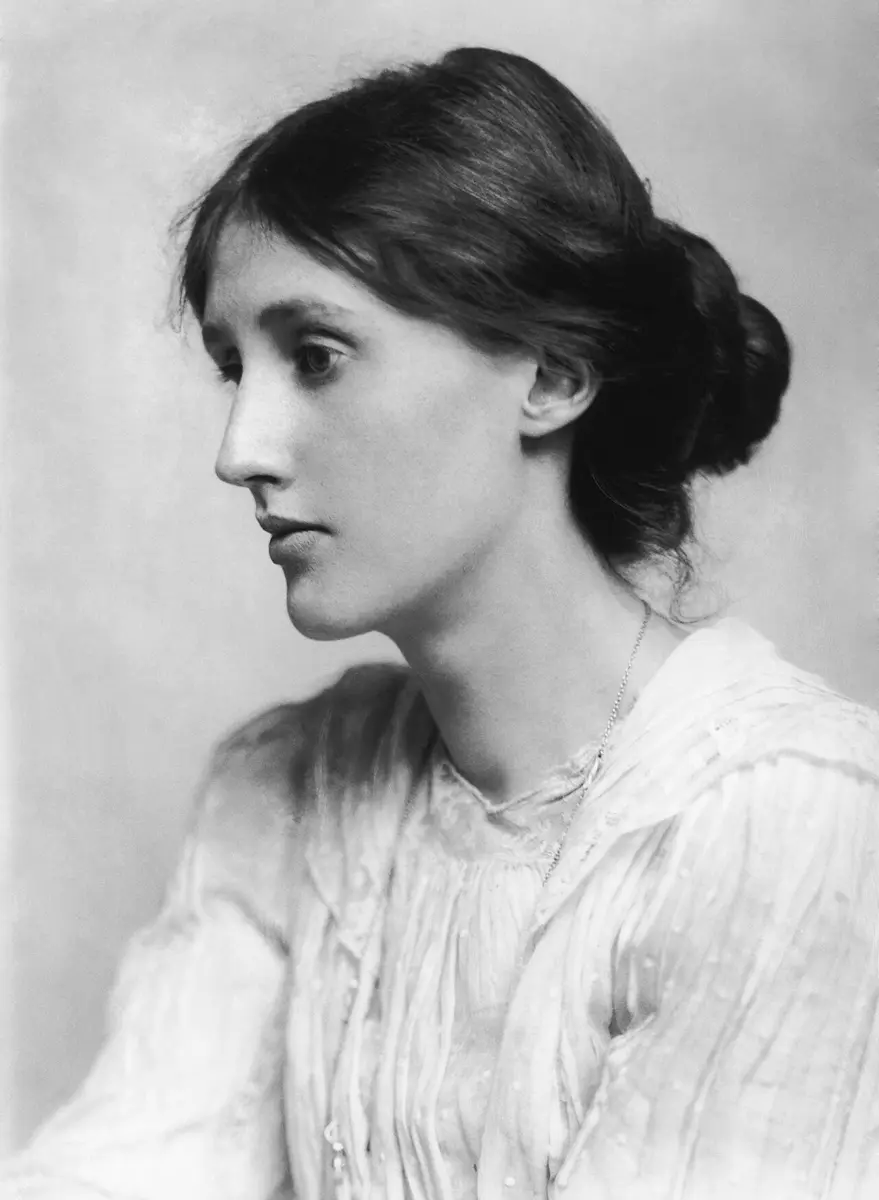Black and white photograph of Virginia Woolf in profile