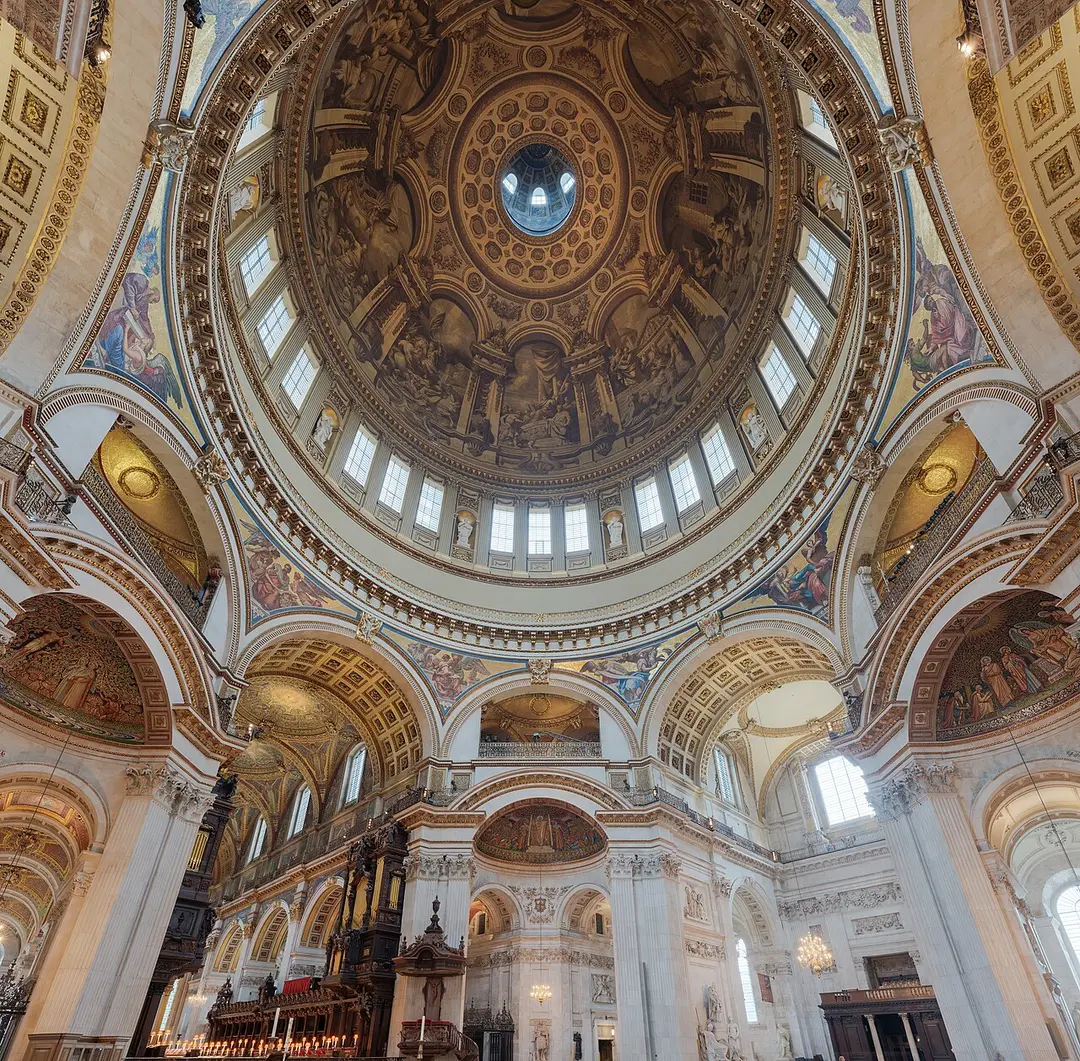 Looking up into the painted dome of St. Paul’s Cathedral from the floor below