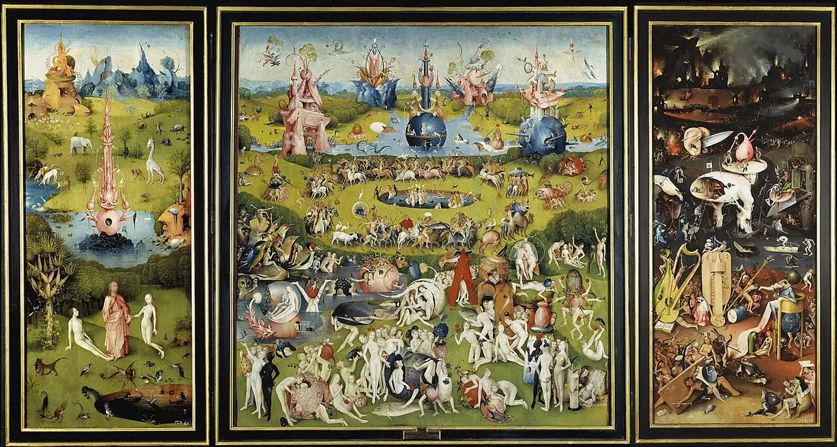 Bosch triptych: Eden on the left, a crowded garden of pleasures in the center and a dark hell on the right