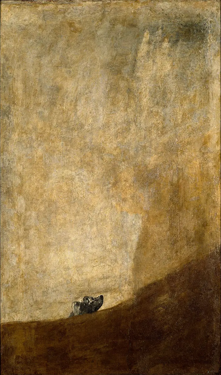 Goya painting of a small dog’s head peering over a dark slope into a vast empty ochre space
