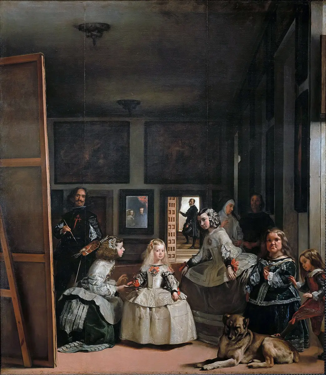 Velázquez painting of the young Infanta Margarita and her maids of honor, the painter at his easel on the left