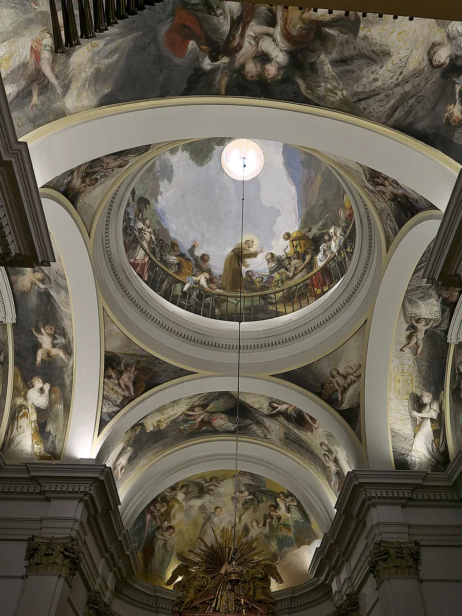 Goya’s frescoes in the dome of San Antonio de la Florida: Saint Anthony and a crowd leaning over a painted railing, angels below