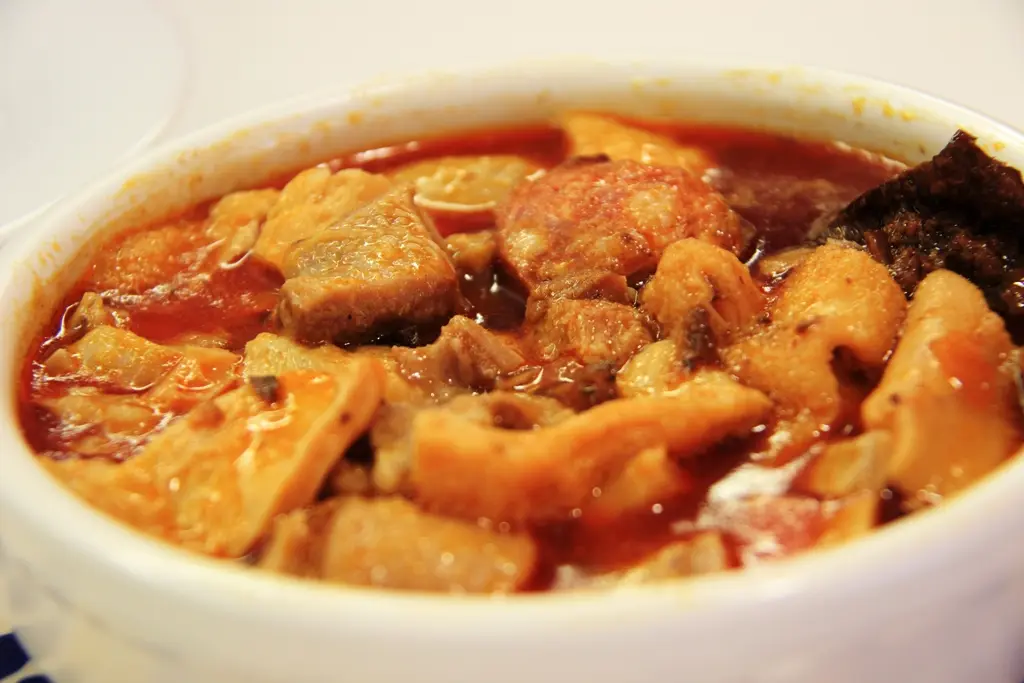 A bowl of tripe stewed with chorizo and blood sausage in a red sauce