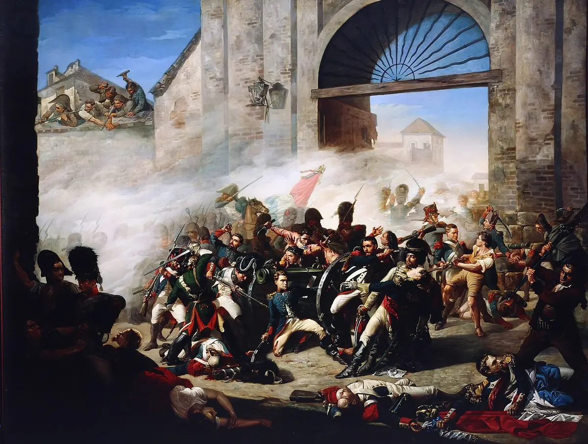 Painting of Spanish gunners and townspeople fighting French troops at the arched gate of the Monteleón barracks