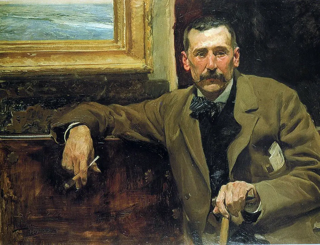 Sorolla portrait of Benito Pérez Galdós seated in a brown suit, one hand on a cane
