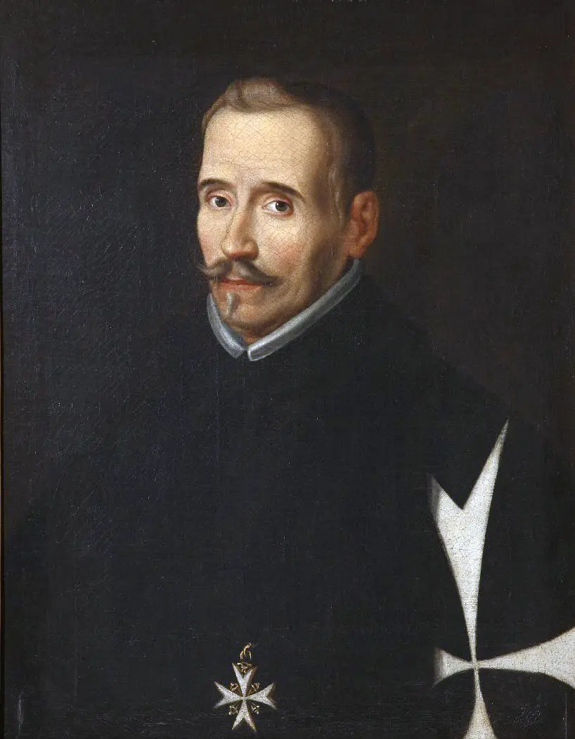 Portrait of Lope de Vega in black clerical dress with the white cross of the Order of Saint John